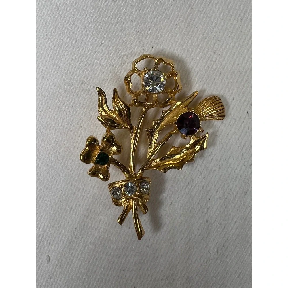 Vintage Gold Tone Floral Bouquet Brooch Thistle Shamrock Rose Rhinestone Pin